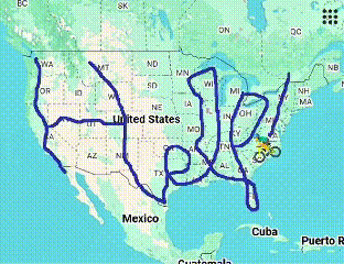 Map of Jeff's ride to spell "Help!" from coast to coast